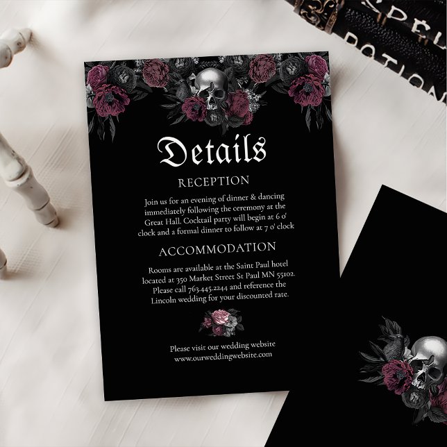 Tarjeta De Recepción Detalles del Boda de Burgundy Gothic Floral Skull (Subido por el creador)