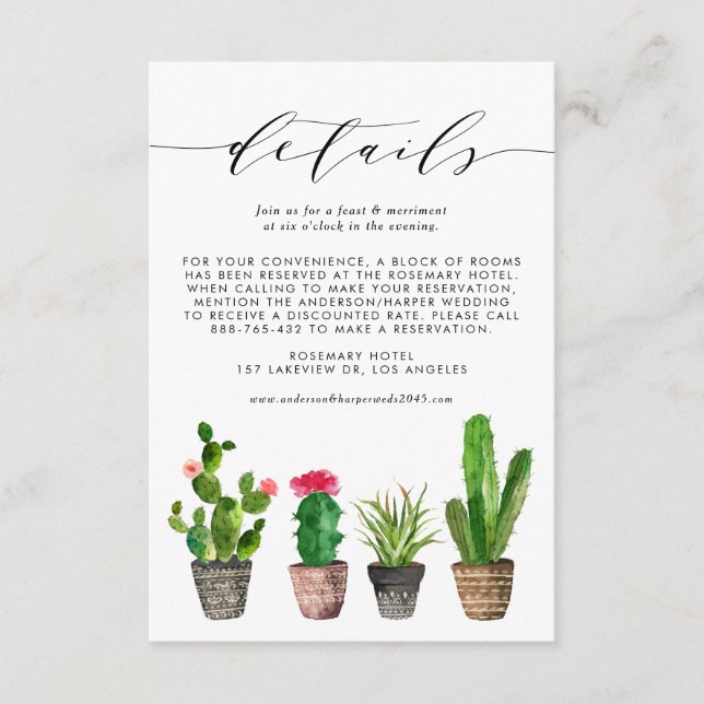 Tarjeta De Recepción Detalles del Boda de Cactus Potted de Boho Waterco (Anverso)