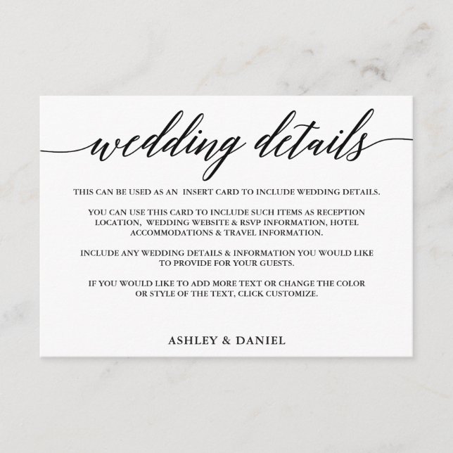 Tarjeta De Recepción Detalles del Boda de caligrafía elegante y moderno (Anverso)