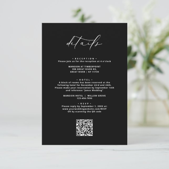 Tarjeta De Recepción Detalles del Boda de caligrafía elegante y negro m (Anverso de pie)