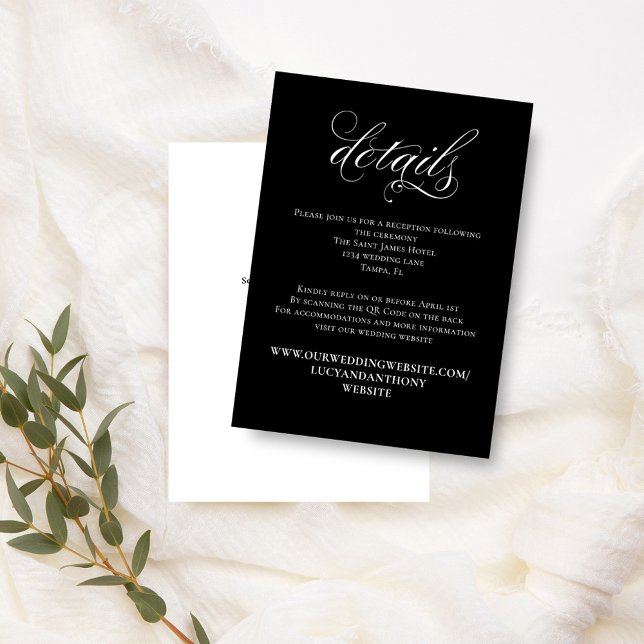 Tarjeta De Recepción Detalles del Boda de caligrafía en blanco y negro (Black and White calligraphy script enclosure card with scannable QR Code. )
