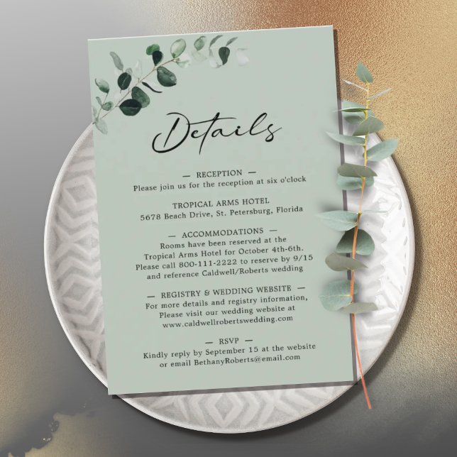 Tarjeta De Recepción Detalles del Boda de caligrafía Eucalyptus Sage (Subido por el creador)