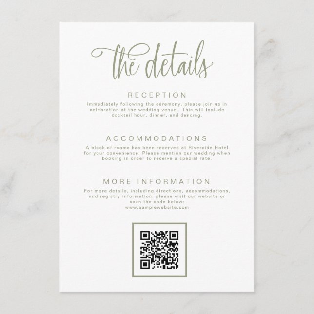 Tarjeta De Recepción Detalles del Boda de caligrafía manuscrita verde s (Anverso)
