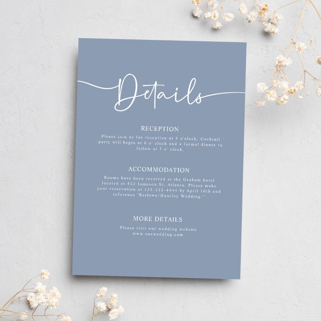 Tarjeta De Recepción Detalles del Boda de caligrafía mínima azul turbul (Dusty Blue Minimal Calligraphy Wedding Details Enclosure Card)
