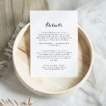 Tarjeta De Recepción Detalles del Boda de caligrafía moderna<br><div class="desc">Esta moderna tarjeta de gabinete de detalles del boda caligráfico es perfecta para un boda rústico. El diseño,  sencillo y elegante,  presenta una tipografía de escritura clásica y elegante en blanco y negro.</div>