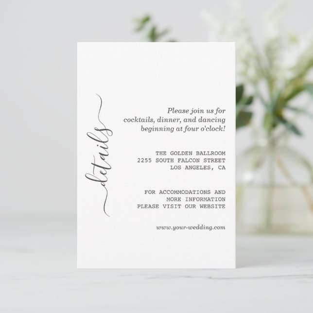 Tarjeta De Recepción Detalles del Boda de caligrafía moderna minimalist (Anverso de pie)