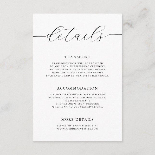 Tarjeta De Recepción Detalles del Boda de caligrafía romántica moderna (Anverso)