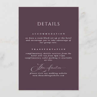Tarjeta De Recepción Detalles del Boda de caligrafía ruántica del plum