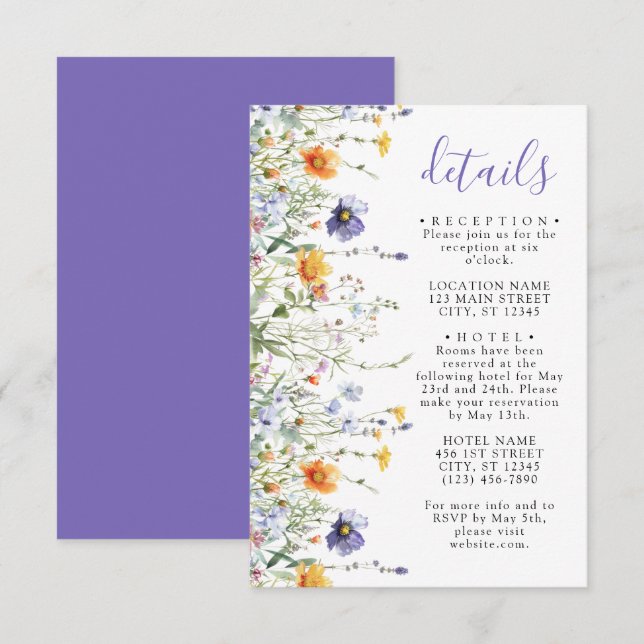 Tarjeta De Recepción Detalles del Boda de campo de flores silvestres (Anverso / Reverso)