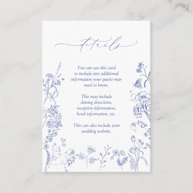 Tarjeta De Recepción Detalles del Boda de Chinoiserie Floral Azul franc (Anverso)
