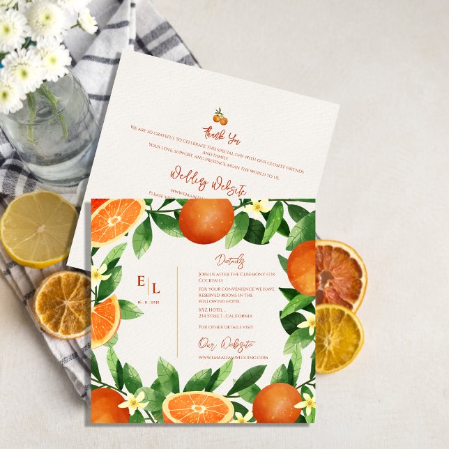 Tarjeta De Recepción Detalles del Boda de Citrus Naranja de la vegetaci (Rustic Greenery Citrus Orange Wedding Details Enclosure Card)
