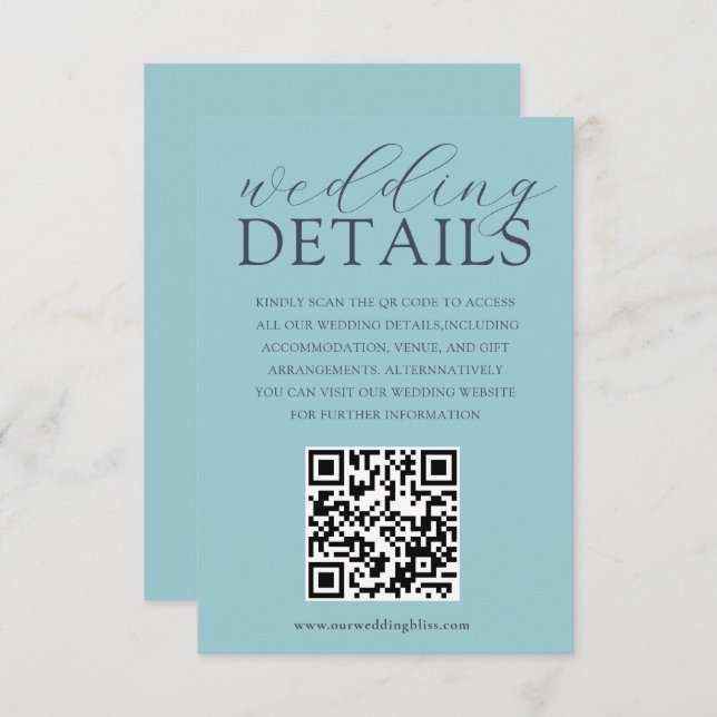 Tarjeta De Recepción Detalles del Boda de código QR azul simple (Anverso / Reverso)