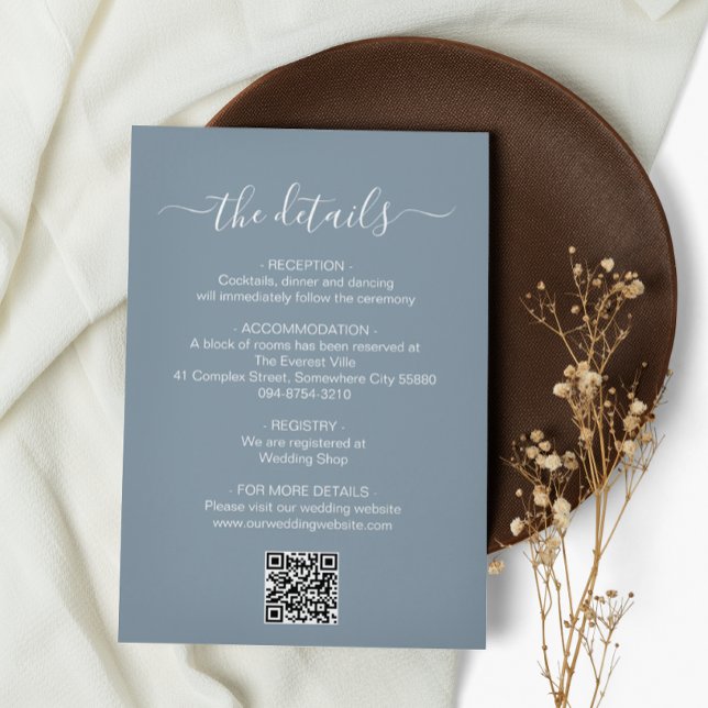 Tarjeta De Recepción Detalles del Boda de código QR azul turbio minimal (Subido por el creador)