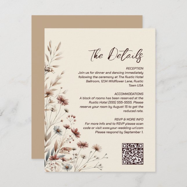 Tarjeta De Recepción Detalles del Boda de código QR de Boho Moda Wildfl (Anverso / Reverso)