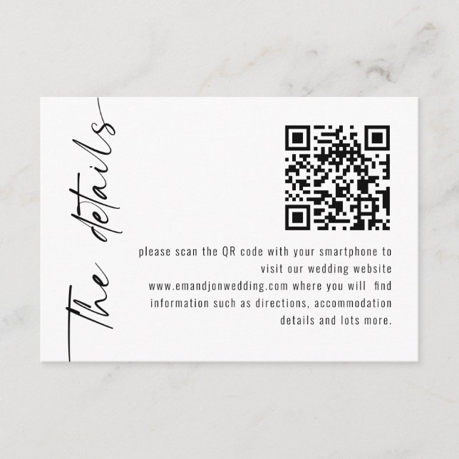 Tarjeta De Recepción Detalles del Boda de código QR de caligrafía minim (Anverso)