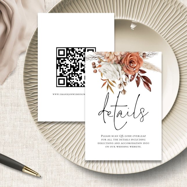 Tarjeta De Recepción Detalles del Boda de código QR de escritura floral (front and back view)