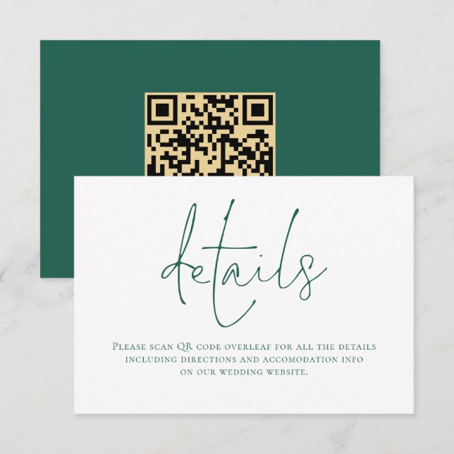 Tarjeta De Recepción Detalles del Boda de código QR de escritura verde  (Anverso / Reverso)