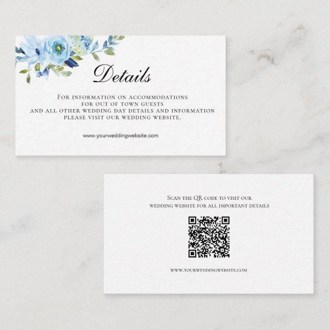 Tarjeta De Recepción Detalles del Boda de código QR de Floral Verde Azu (Anverso / Reverso)