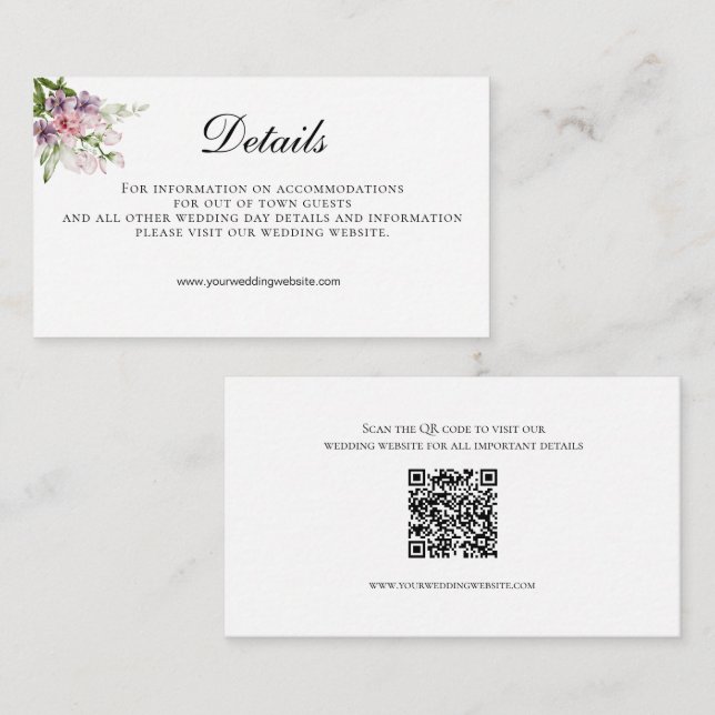 Tarjeta De Recepción Detalles del Boda de código QR de Floral verde ros (Anverso / Reverso)