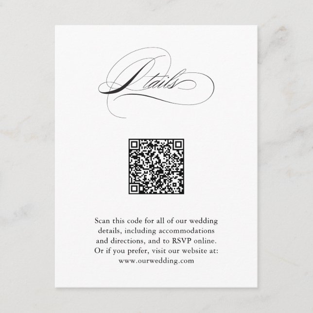 Tarjeta De Recepción Detalles del Boda de código QR de guión elegante m (Anverso)