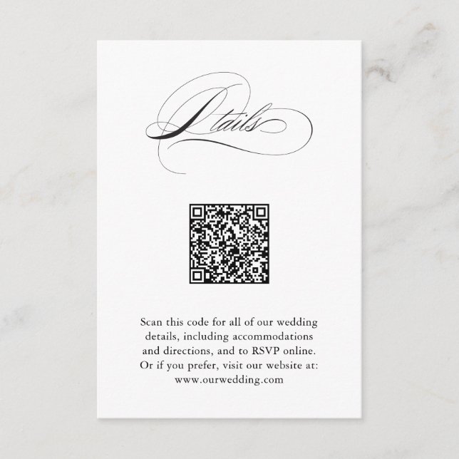 Tarjeta De Recepción Detalles del Boda de código QR de guión elegante m (Anverso)