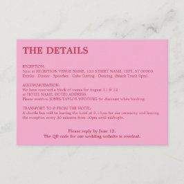 Tarjeta De Recepción Detalles del Boda de código QR de magenta rosa