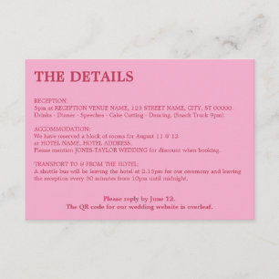 Tarjeta De Recepción Detalles del Boda de código QR de magenta rosa