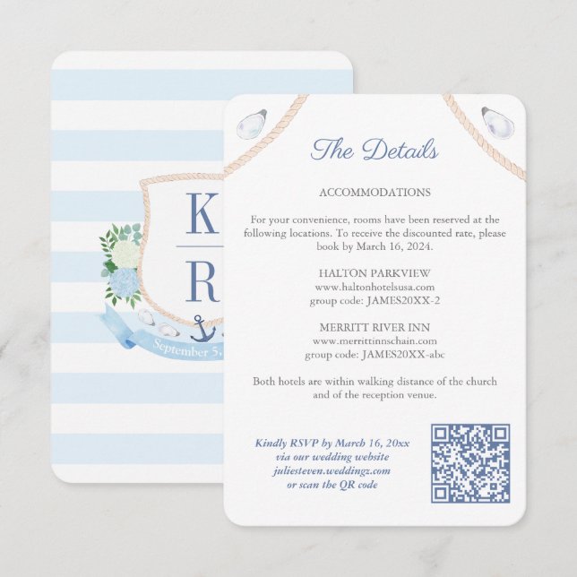 Tarjeta De Recepción Detalles del Boda de código QR de monograma náutic (Anverso / Reverso)