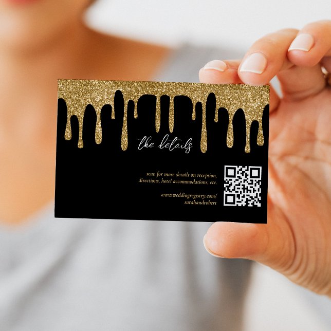 Tarjeta De Recepción Detalles del Boda de código QR de Purpurina negro  (Black & Gold Glitter Drip QR Code Wedding Details Enclosure Card)