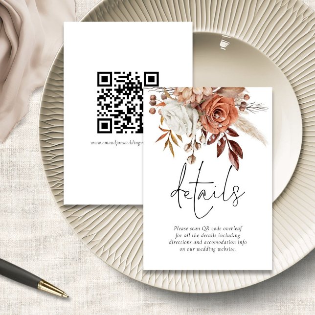 Tarjeta De Recepción Detalles del Boda de código QR de Rustic Terracott (front and back view)