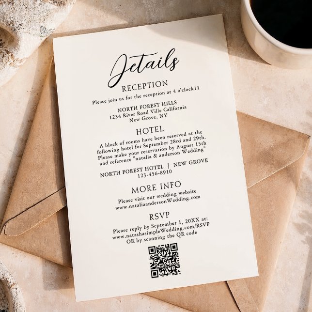 Tarjeta De Recepción Detalles del Boda de código Qr de script elegante  (Subido por el creador)