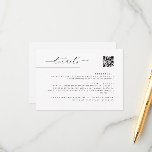 Tarjeta De Recepción Detalles del Boda de código QR de script Minimalis (Anverso/Reverso In Situ)