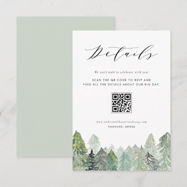 Tarjeta De Recepción Detalles del Boda de código QR de Snowley Evergree (Anverso / Reverso)