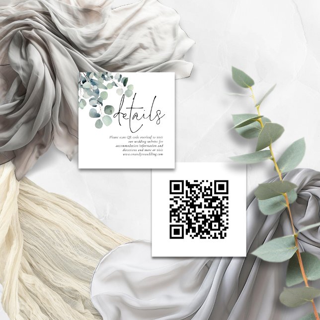 Tarjeta De Recepción Detalles del Boda de código QR del eucalipto moder (Front and back view)