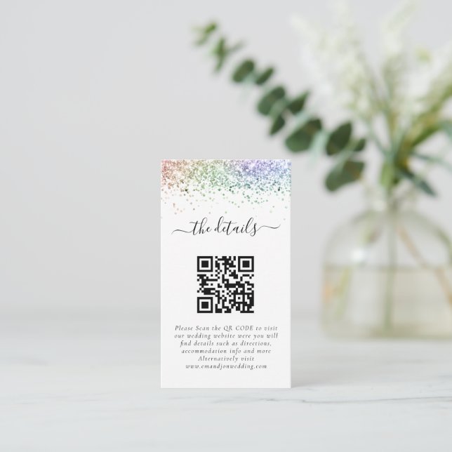 Tarjeta De Recepción Detalles del Boda de código QR del Purpurina arcoi (Anverso de pie)