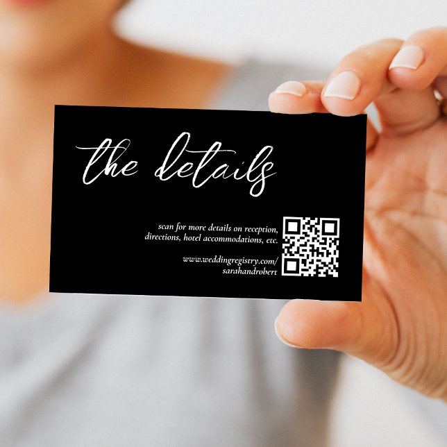 Tarjeta De Recepción Detalles del Boda de código QR elegante y negro (Black Elegant QR Code Wedding Details Enclosure Card)