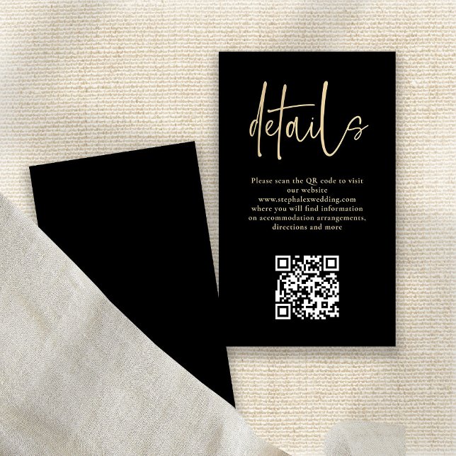 Tarjeta De Recepción Detalles del Boda de código QR negro con guión de  (Front and back view)