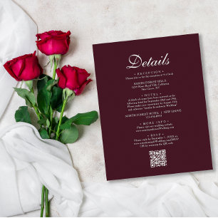 Tarjeta De Recepción Detalles del Boda de código QR rojo burdeos de Mod