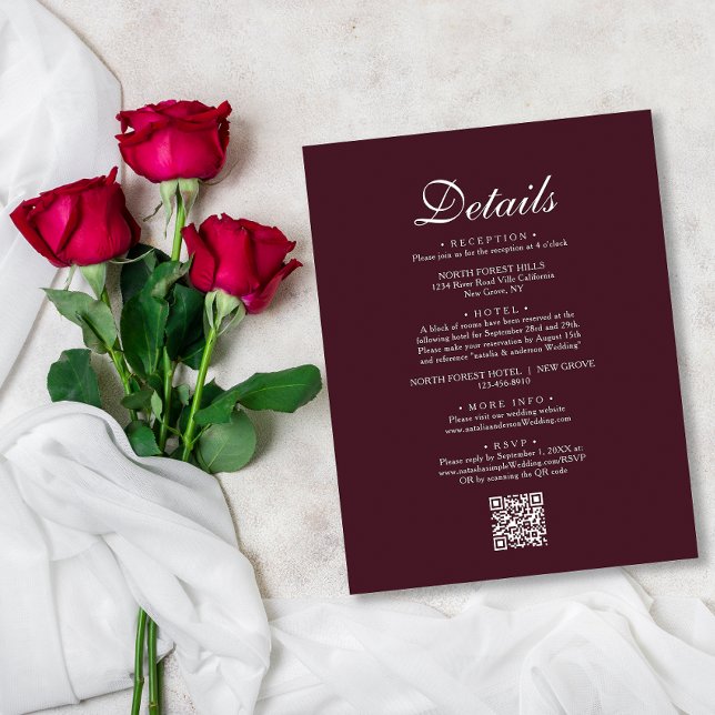 Tarjeta De Recepción Detalles del Boda de código QR rojo burdeos de Mod (Subido por el creador)