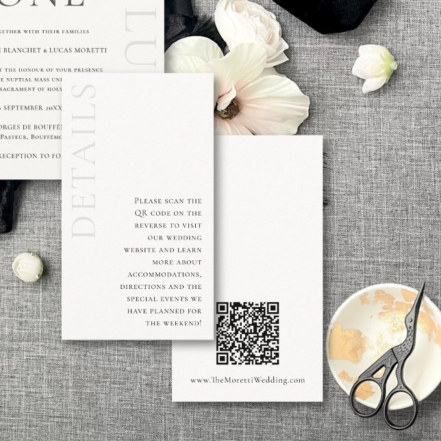 Tarjeta De Recepción Detalles del Boda de código QR simple y elegante (This elegant, business size card is perfect for adding your wedding website information and QR code)