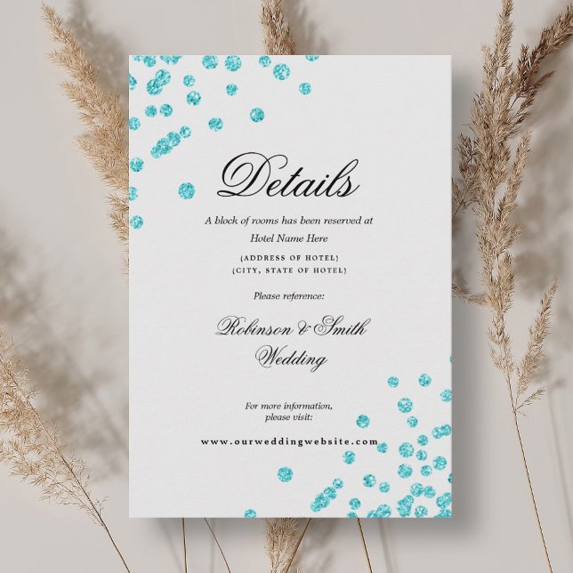 Tarjeta De Recepción Detalles del Boda de Confetti Turquesa con guión r (Romantic Script Turquoise Confetti Wedding Details Enclosure Card)