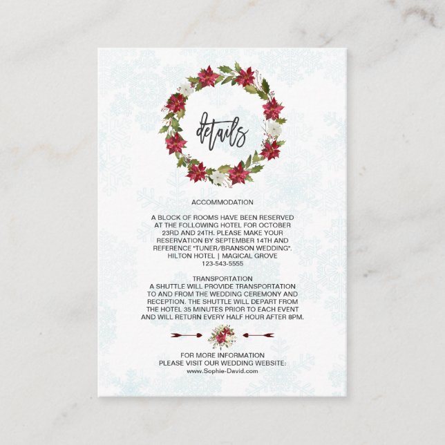 Tarjeta De Recepción Detalles del Boda de copos de nieve de Poinsettia  (Anverso)