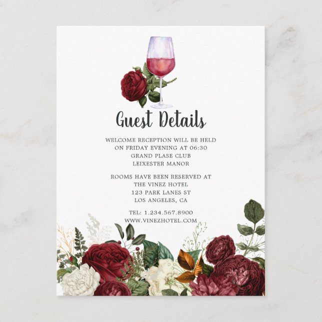 Tarjeta De Recepción Detalles del Boda de degustación de vinos con flor (Anverso)