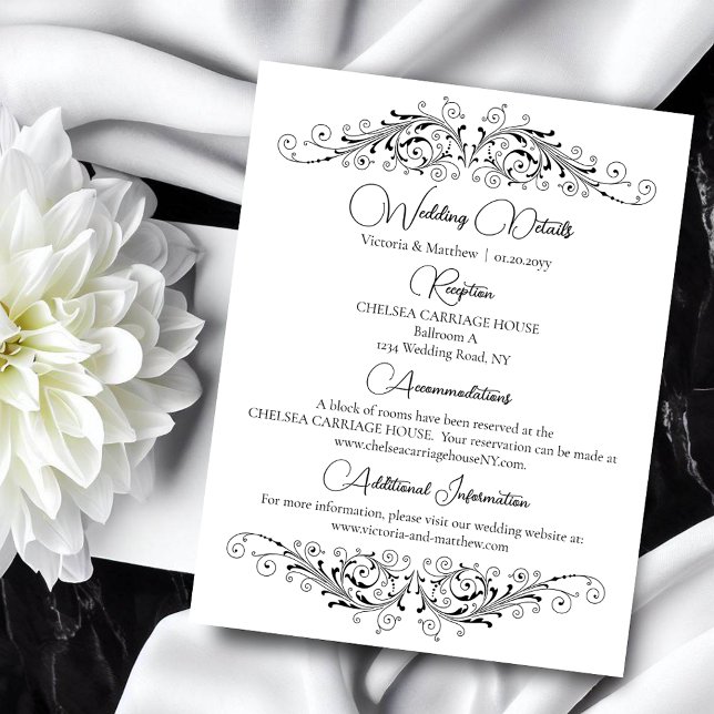 Tarjeta De Recepción Detalles del Boda de elegancia florida en blanco y (Black and White Flourish Elegance details card to include with your wedding invite.)