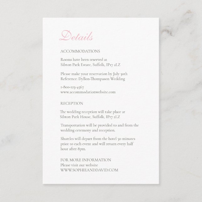 Tarjeta De Recepción Detalles del Boda de encaje de Rosa floral rosado  (Anverso)