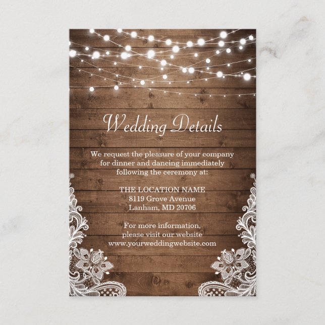 Tarjeta De Recepción Detalles del Boda de encaje Rústico Twinkle Lights (Anverso)