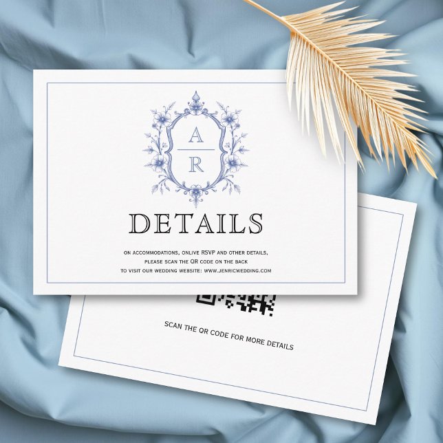 Tarjeta De Recepción Detalles del boda de escudo floral azul elegante (Subido por el creador)