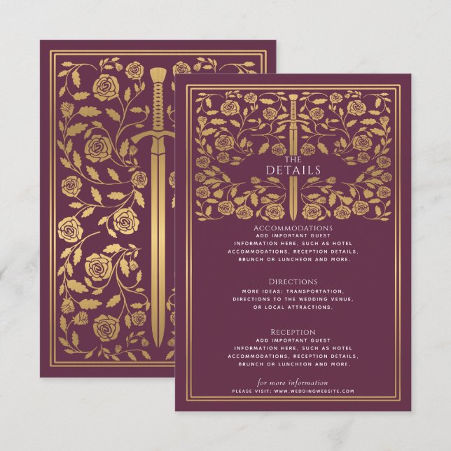 Tarjeta De Recepción Detalles del Boda de espadas medieval de Mauve Roy (Anverso / Reverso)