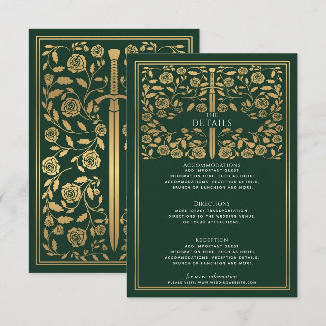 Tarjeta De Recepción Detalles del Boda de espadas medievales verde (Anverso / Reverso)