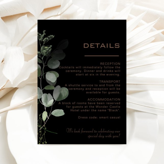 Tarjeta De Recepción Detalles del Boda de eucalipto mínimo formal negro (Subido por el creador)